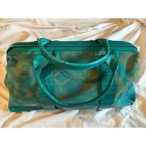 Furla Leather Handbag Large Turquoise Crocodile And Flowers Magnetic Closure